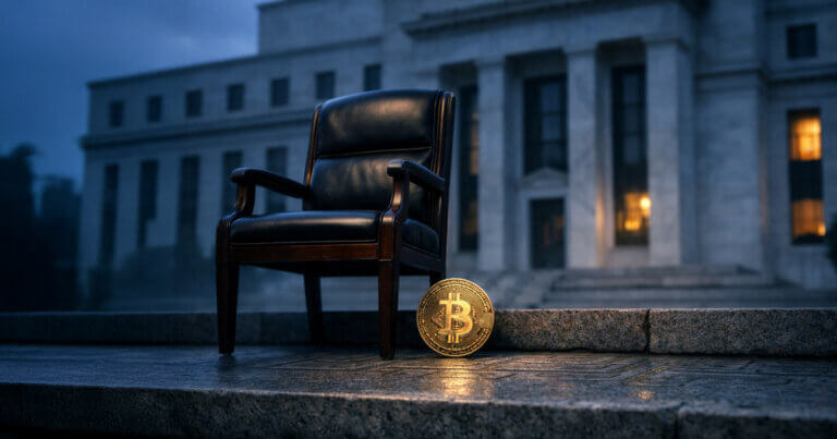 Empty Fed chair sits outside the Federal Reserve as a Bitcoin coin rests nearby, illustrating Kevin Warsh’s appointment and how a wholesale digital dollar could complicate his pro-Bitcoin stance
