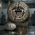A cracked Federal Reserve seal behind a Bitcoin coin in a marble hall reflects eroding institutional trust as traders watch key Fed signals amid rising political pressure