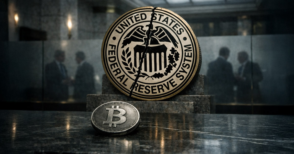 A cracked Federal Reserve seal behind a Bitcoin coin in a marble hall reflects eroding institutional trust as traders watch key Fed signals amid rising political pressure