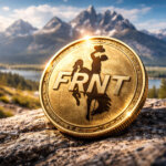 Gold FRNT token with a cowboy emblem on a rocky Wyoming landscape, symbolizing Franklin Templeton’s blockchain fund, Visa payment rails, and policy impact
