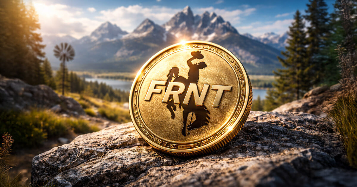 Gold FRNT token with a cowboy emblem on a rocky Wyoming landscape, symbolizing Franklin Templeton’s blockchain fund, Visa payment rails, and policy impact
