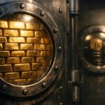 Gold bars reaching record highs are reflected beside a Bitcoin emblem in a financial district, highlighting the debate over whether Bitcoin will follow gold past $5,000