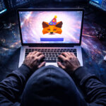 A hooded user at a laptop facing a fake wallet update screen, highlighting rising EVM wallet-drain attacks and the risks of approving deceptive “update” prompts.