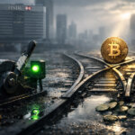 A green signal flips rail tracks toward a Bitcoin coin as HSBC looms, symbolizing a risk-on shift with the dollar near 2021 lows