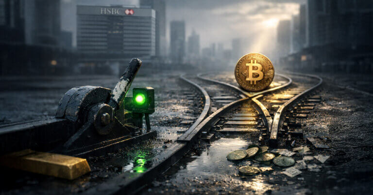 A green signal flips rail tracks toward a Bitcoin coin as HSBC looms, symbolizing a risk-on shift with the dollar near 2021 lows