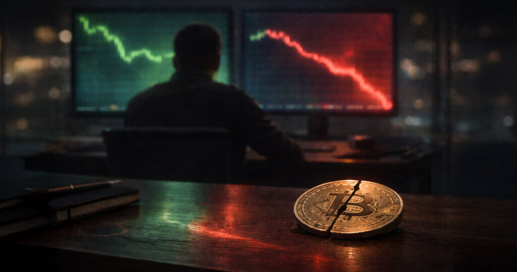 Cracked Bitcoin coin on a desk as a trader watches screens flip from green to red, reflecting Hyperliquid’s public tape turning volatile as copy traders follow losses