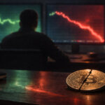 Cracked Bitcoin coin on a desk as a trader watches screens flip from green to red, reflecting Hyperliquid’s public tape turning volatile as copy traders follow losses