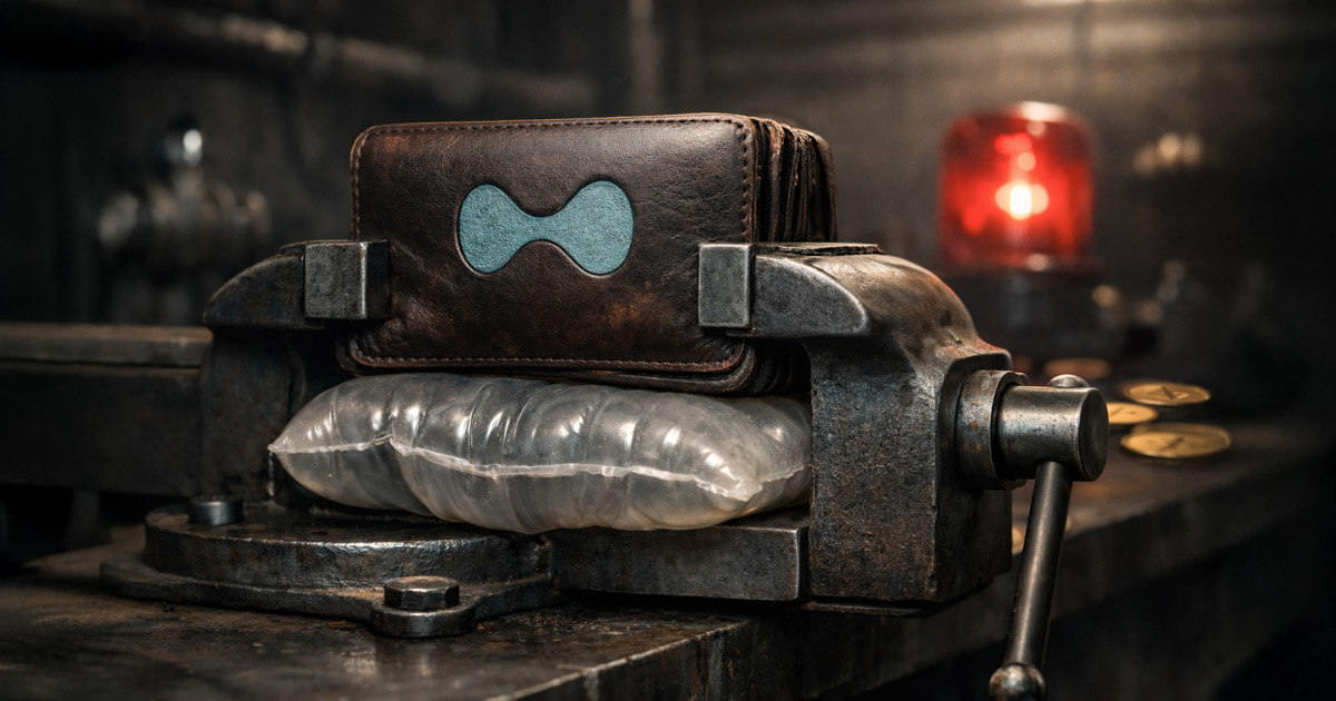 A Hyperliquid-branded wallet is crushed in a metal vise, symbolizing a once $100M trading run and a shrinking $129.9M buffer under squeeze-driven market