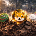 Memecoin tokens like Pepe, Shiba Inu, and niche characters rising from the dirt in a graveyard setting, symbolizing traders shifting into risk-on mode to start 2026.