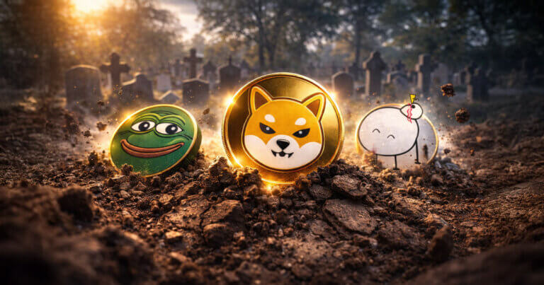 Memecoin tokens like Pepe, Shiba Inu, and niche characters rising from the dirt in a graveyard setting, symbolizing traders shifting into risk-on mode to start 2026.