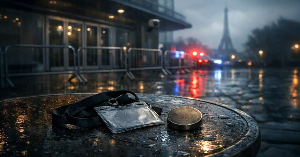 A rain-soaked table holds a discarded event badge as police lights flash near a major venue, reflecting security fears after violent attacks on crypto holders forced a cancellation