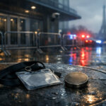 A rain-soaked table holds a discarded event badge as police lights flash near a major venue, reflecting security fears after violent attacks on crypto holders forced a cancellation