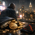 A wallet stuffed with $NYC tokens and cash sits beside a plunging price chart, illustrating the 81% crash and how a single wallet’s 70% control rigged the market