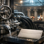 Industrial finance machine drains liquid into a tray holding an envelope, symbolizing NYSE’s hidden blockchain paying dividends via stablecoins behind closed doors
