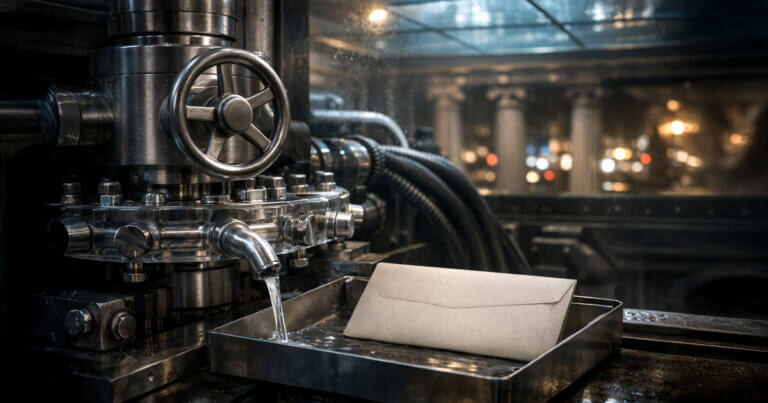 Industrial finance machine drains liquid into a tray holding an envelope, symbolizing NYSE’s hidden blockchain paying dividends via stablecoins behind closed doors