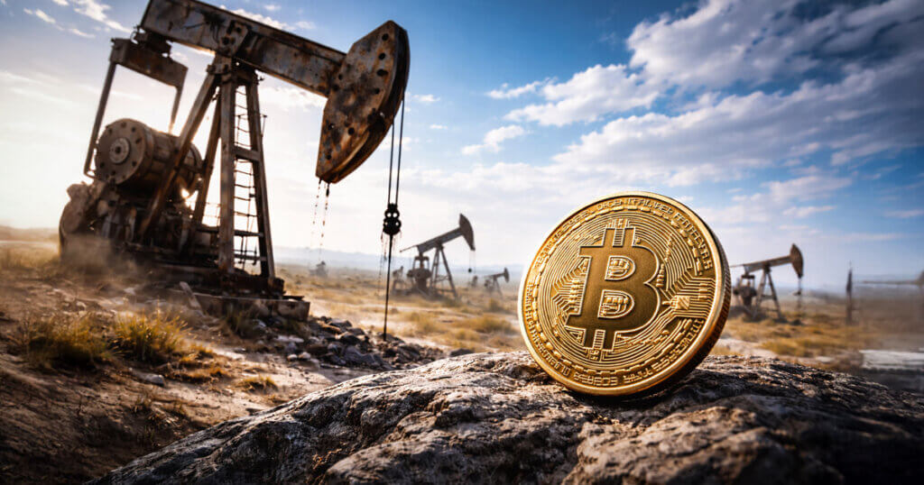 A Bitcoin coin on desert rocks near oil pumps as markets shift, illustrating why crude prices reacted to Maduro’s capture while Bitcoin remained steady.