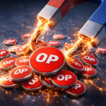 Magnets pulling OP tokens into a central stack, visualizing token buybacks, demand concentration, and how market metrics can signal potential price impact