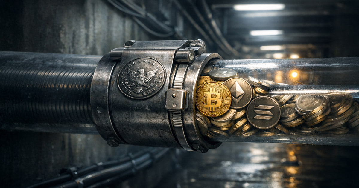 Metal pipeline clamp squeezing Bitcoin, Ethereum, and Solana coins inside an industrial tunnel, symbolizing hidden compliance choke points threatening permissionless DeFi under CLARITY