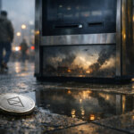 Discarded crypto betting chips and a Bitcoin token lie in a rain-soaked street beside an ATM, reflecting how digital markets are increasingly tied to real-world conflict risks