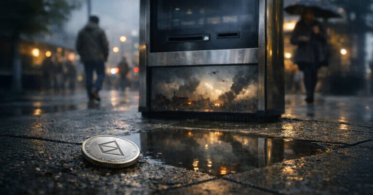 Discarded crypto betting chips and a Bitcoin token lie in a rain-soaked street beside an ATM, reflecting how digital markets are increasingly tied to real-world conflict risks