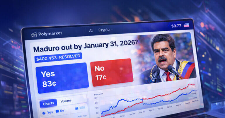 A Polymarket betting screen showing the resolved $400k “Maduro out” wager with price charts and Maduro’s image, highlighting rising tension over crypto prediction markets in Washington.