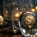 A balance scale weighs a British pound coin against a US dollar under a magnifying lens, illustrating FX parity confusion and why £1 still buys more than $1