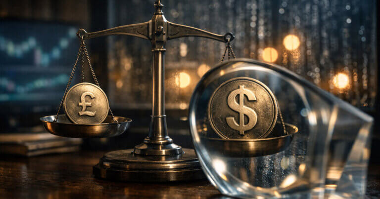A balance scale weighs a British pound coin against a US dollar under a magnifying lens, illustrating FX parity confusion and why £1 still buys more than $1