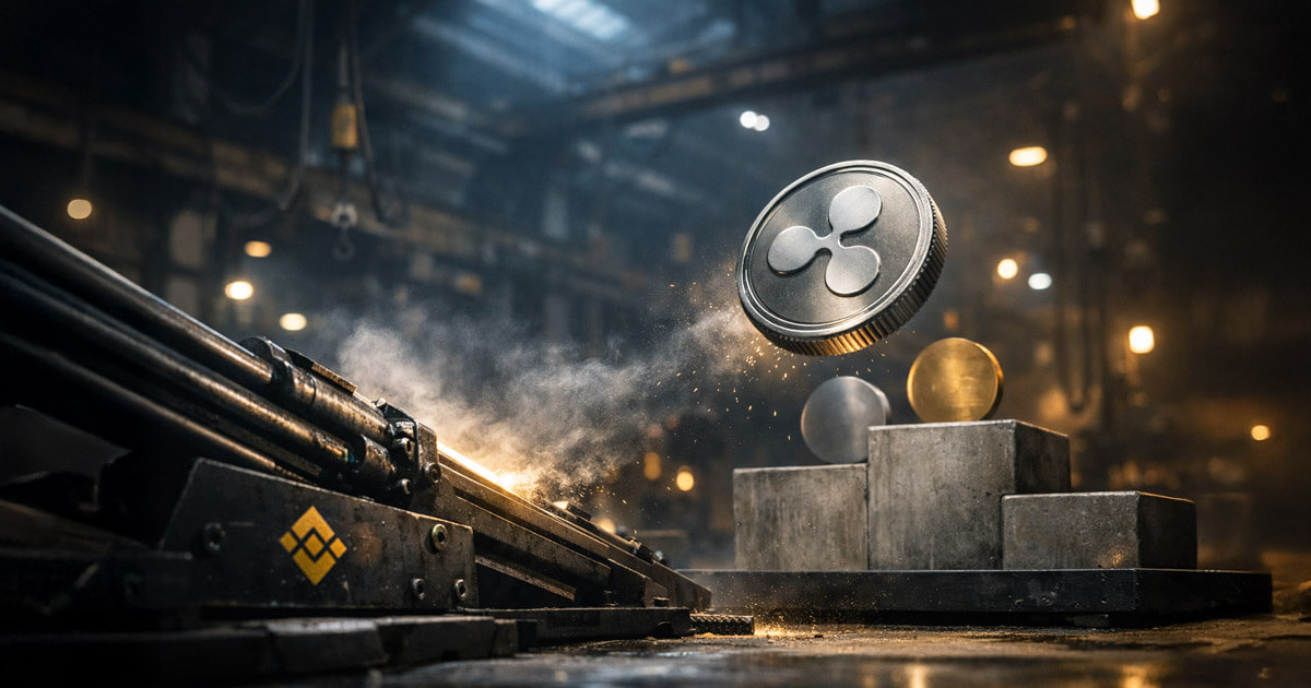 A Ripple-branded RLUSD coin is forged on an industrial press as Binance symbols loom nearby, illustrating how exchange distribution could accelerate stablecoin adoption