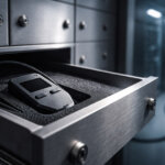 A hardware crypto wallet secured in a steel drawer inside a data center vault, symbolizing self-custody evolving from a retail practice into institutional infrastructure