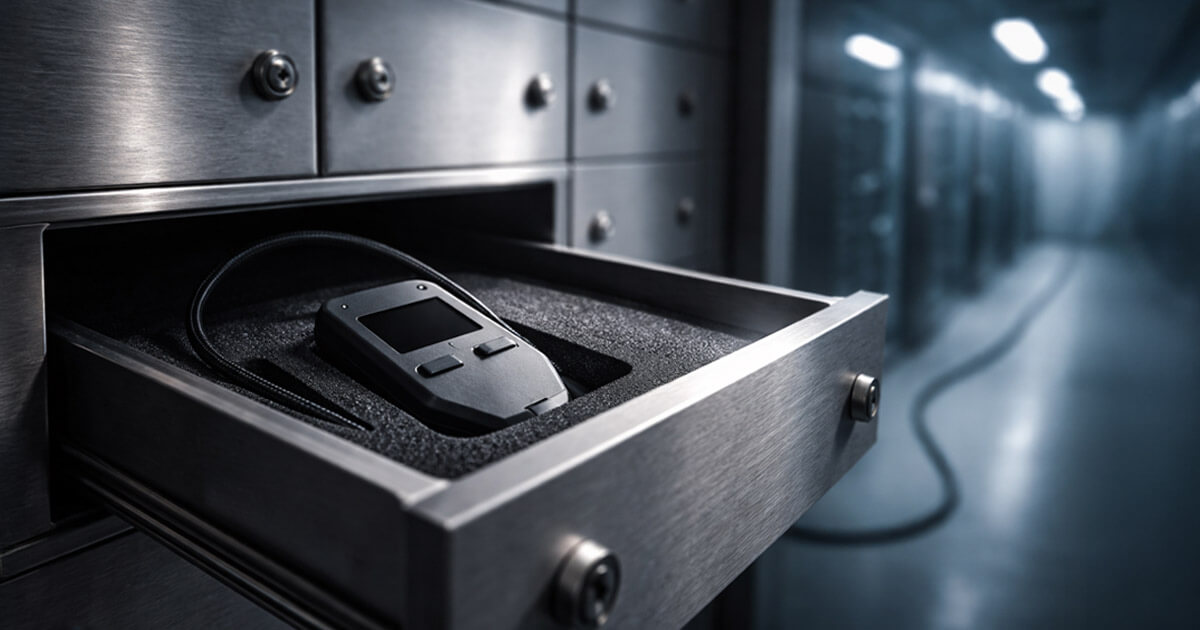 A hardware crypto wallet secured in a steel drawer inside a data center vault, symbolizing self-custody evolving from a retail practice into institutional infrastructure