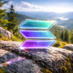 Solana’s glowing tri-color symbol displayed on a sunlit mountain ridge, reflecting how the Solana ecosystem thrived in 2025 despite ongoing price challenges.