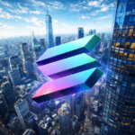 Solana’s logo floats over the New York skyline beside the Morgan Stanley tower, underscoring rising institutional interest amid new state-backed stablecoin developments.