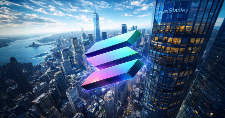 Solana’s logo floats over the New York skyline beside the Morgan Stanley tower, underscoring rising institutional interest amid new state-backed stablecoin developments.