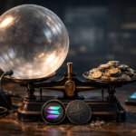 A balance scale contrasts Solana tokens with sparse Starknet activity, symbolizing scrutiny over daily user metrics and whether Solana’s critique understates the gap