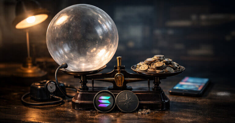 A balance scale contrasts Solana tokens with sparse Starknet activity, symbolizing scrutiny over daily user metrics and whether Solana’s critique understates the gap