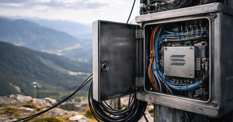 An open Solana network control box wired on a mountainside highlights the pressure of Solana’s v3.0.14 update as a real-world test of always-on blockchain infrastructure