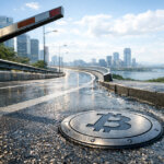 A Bitcoin symbol embedded in a wet roadway near a raised barrier and city skyline illustrates South Korea lifting its corporate crypto ban while forcing firms to sell holdings first