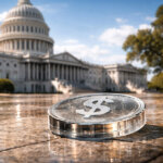 A dollar-backed stablecoin token rests on wet stone before the US Capitol, symbolizing CLARITY Act tensions after the GENIUS yield ban and cracks in crypto’s coalition