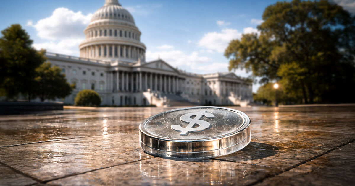 A dollar-backed stablecoin token rests on wet stone before the US Capitol, symbolizing CLARITY Act tensions after the GENIUS yield ban and cracks in crypto’s coalition