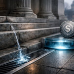 A dollar stablecoin sits beside a glowing drain near government building steps as water flows away, illustrating bank pressure from stablecoin rewards and CLARITY policy debates