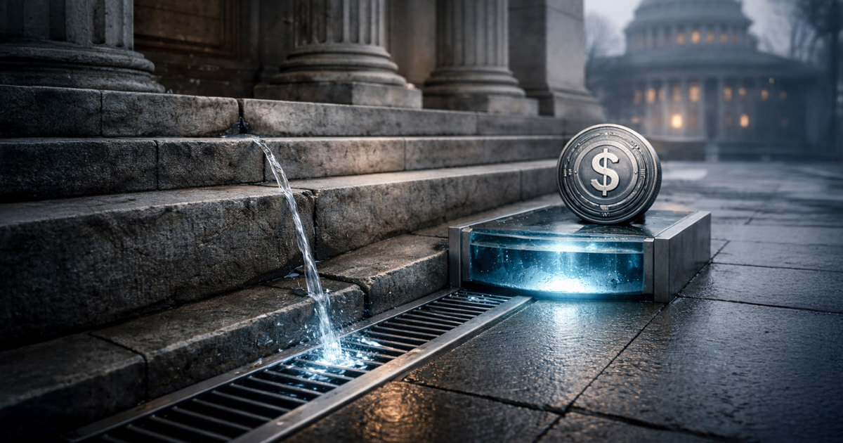 A dollar stablecoin sits beside a glowing drain near government building steps as water flows away, illustrating bank pressure from stablecoin rewards and CLARITY policy debates