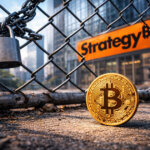 A Bitcoin coin sits behind a locked chain-link fence with the Strategy logo in the background, symbolizing how MSCI’s new decision is reshaping its treasury approach.
