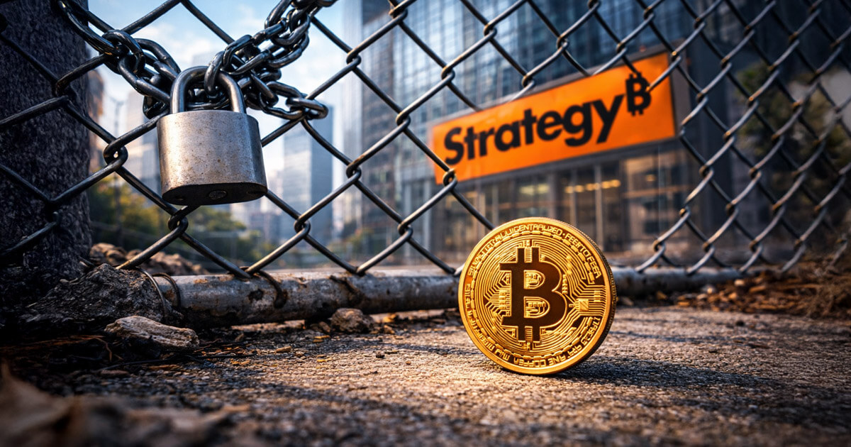 A Bitcoin coin sits behind a locked chain-link fence with the Strategy logo in the background, symbolizing how MSCI’s new decision is reshaping its treasury approach.