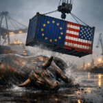 Bronze bull knocked down by a shipping container bearing EU and US flags at a rainy port, symbolizing Bitcoin long traders hit hard by escalating tariff wars