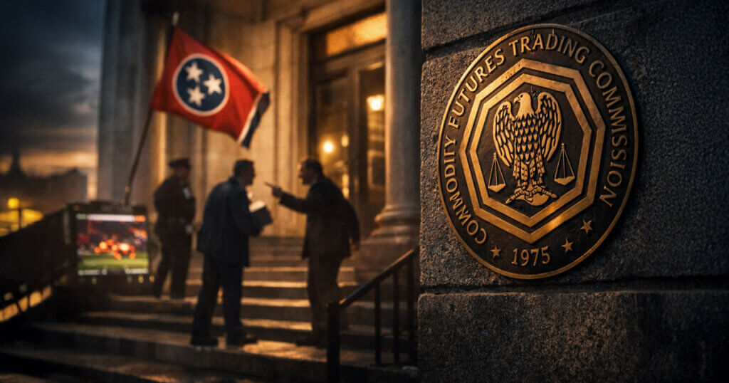 CFTC seal outside a government building as Tennessee officials and traders argue on the steps, symbolizing the clash over who regulates prediction markets and refunds