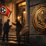CFTC seal outside a government building as Tennessee officials and traders argue on the steps, symbolizing the clash over who regulates prediction markets and refunds