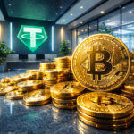 Stacks of Bitcoin coins inside a modern office with the Tether logo glowing in the background, illustrating Tether’s expanding BTC holdings after its Q4 2025 accumulation.
