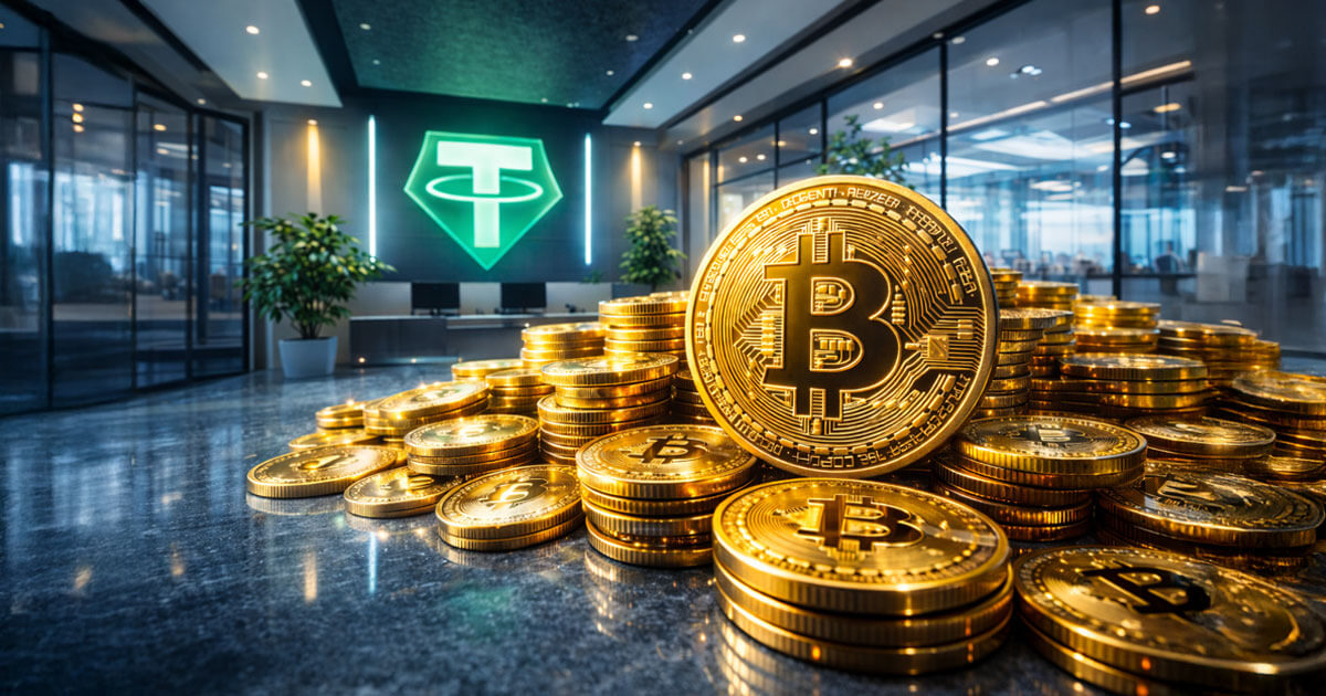 Stacks of Bitcoin coins inside a modern office with the Tether logo glowing in the background, illustrating Tether’s expanding BTC holdings after its Q4 2025 accumulation.