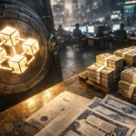 A blockchain vault glows beside stacks of cash and Treasury bonds on a trading floor, signaling the SEC’s on-chain vision beyond equities toward a $12.6T market