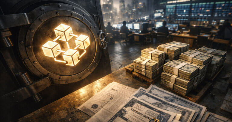 A blockchain vault glows beside stacks of cash and Treasury bonds on a trading floor, signaling the SEC’s on-chain vision beyond equities toward a $12.6T market